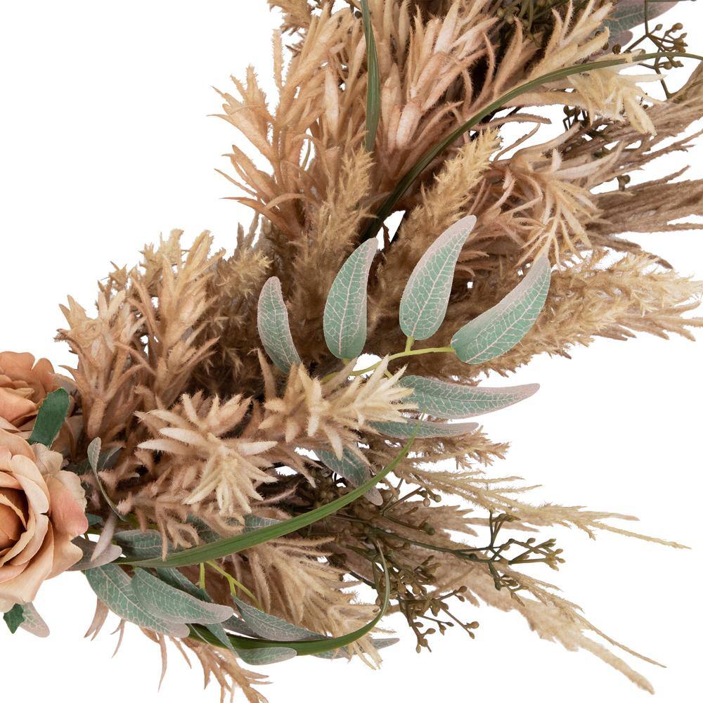 24 in. Unlit Fall Harvest Pale Rose and Thistle with Foliage Artificial Wreath - Hercitys