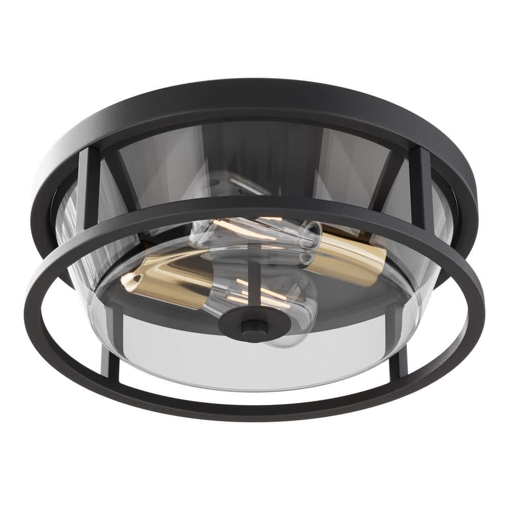 13 in. 2-Light Industrial Black Flush Mount Ceiling Light Fixture with Glass Shade - Hercitys
