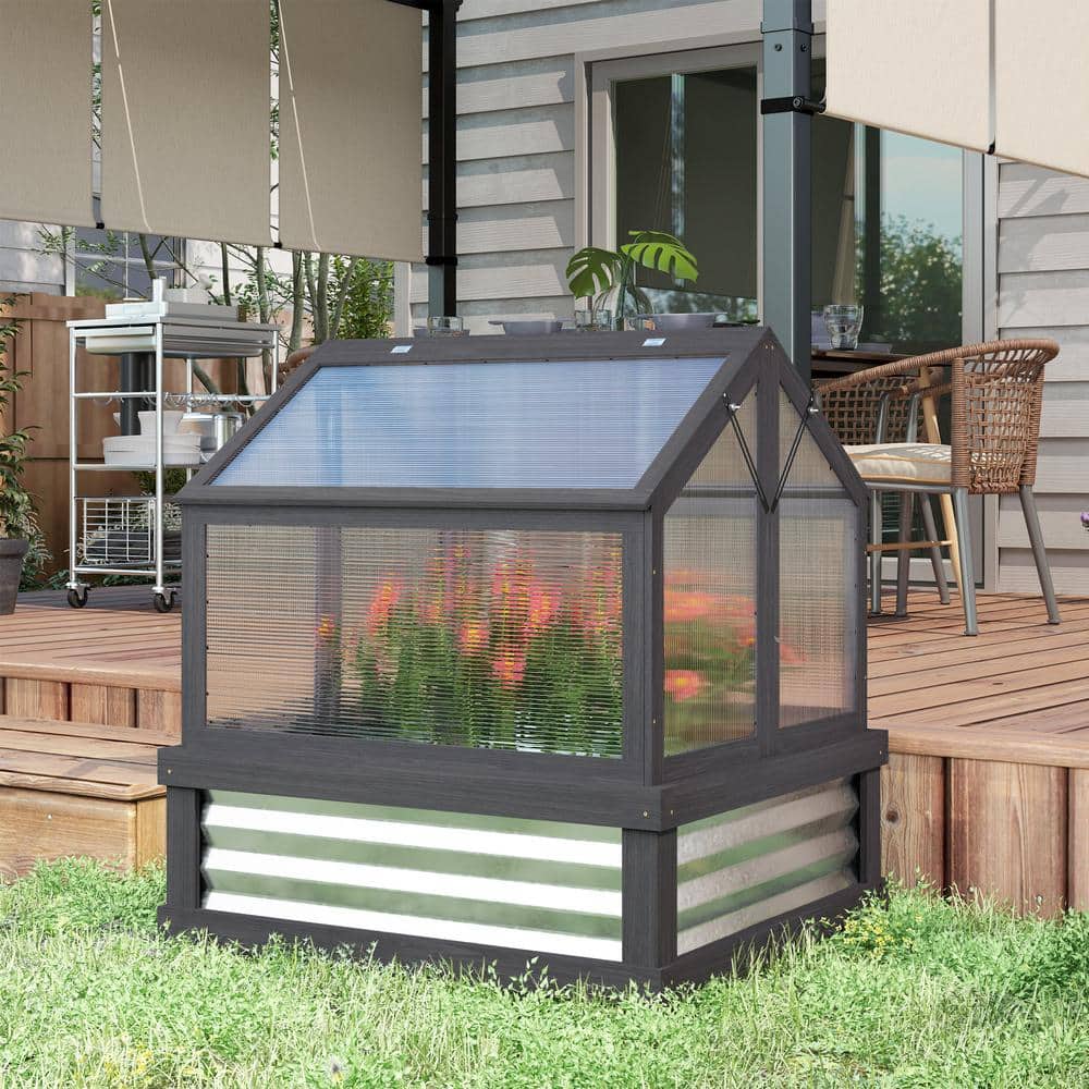 35.5 in. W x 31.5 in. D x 36 in. H Fir Wood, Polycarbonate Gray Wood Cold Frame Greenhouse, Raised Garden Bed - Hercitys