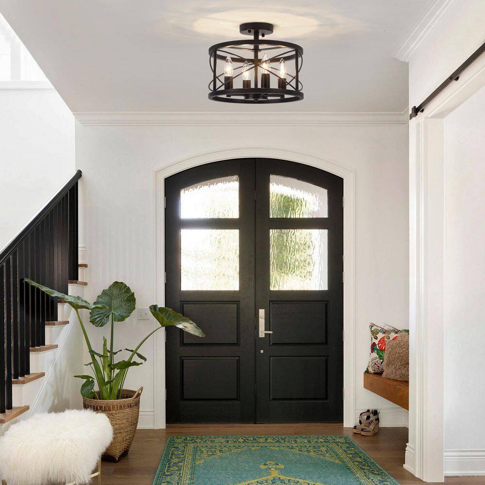 13 in. 4-Light Black Drum Semi Flush Mount Ceiling Light with No Bulbs Included - Hercitys