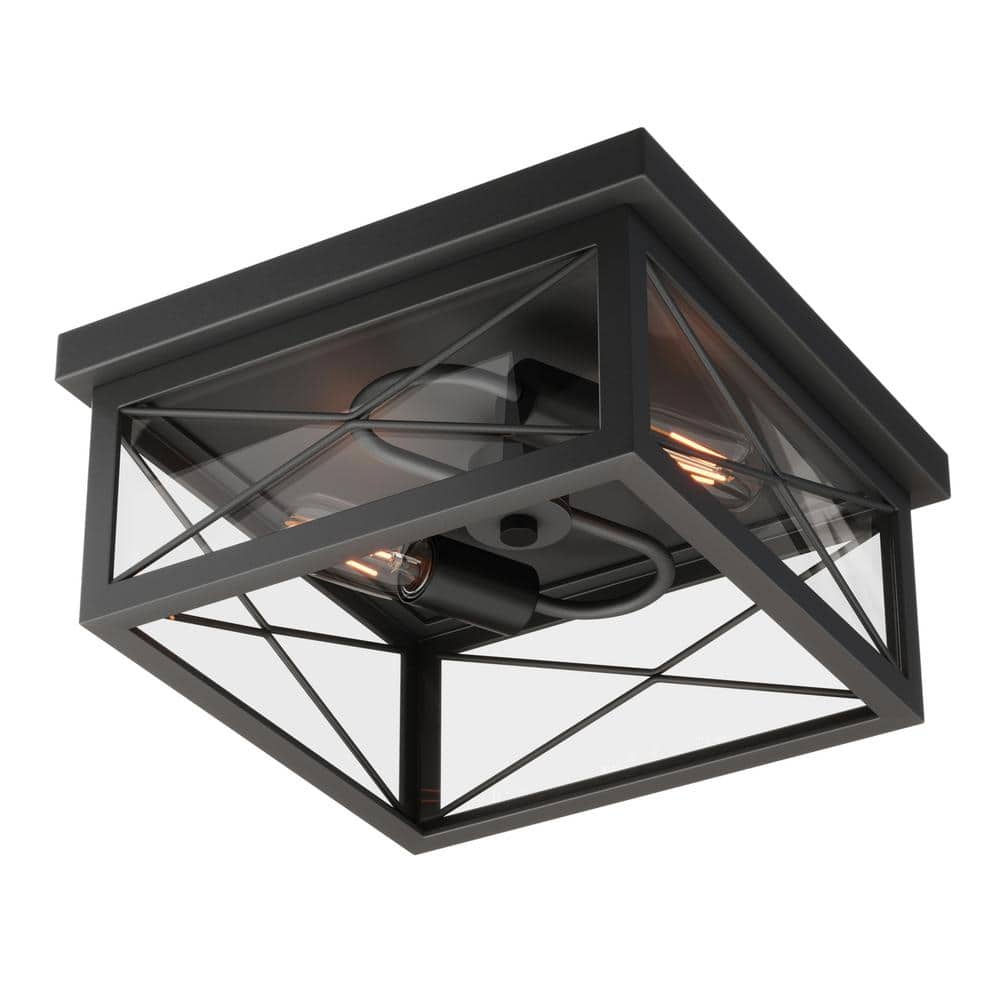 12.2 in. 2-Light Industrial Black Flush Mount Metal Farmhouse Close to Ceiling Light Fixture with Clear Glass Shade - Hercitys