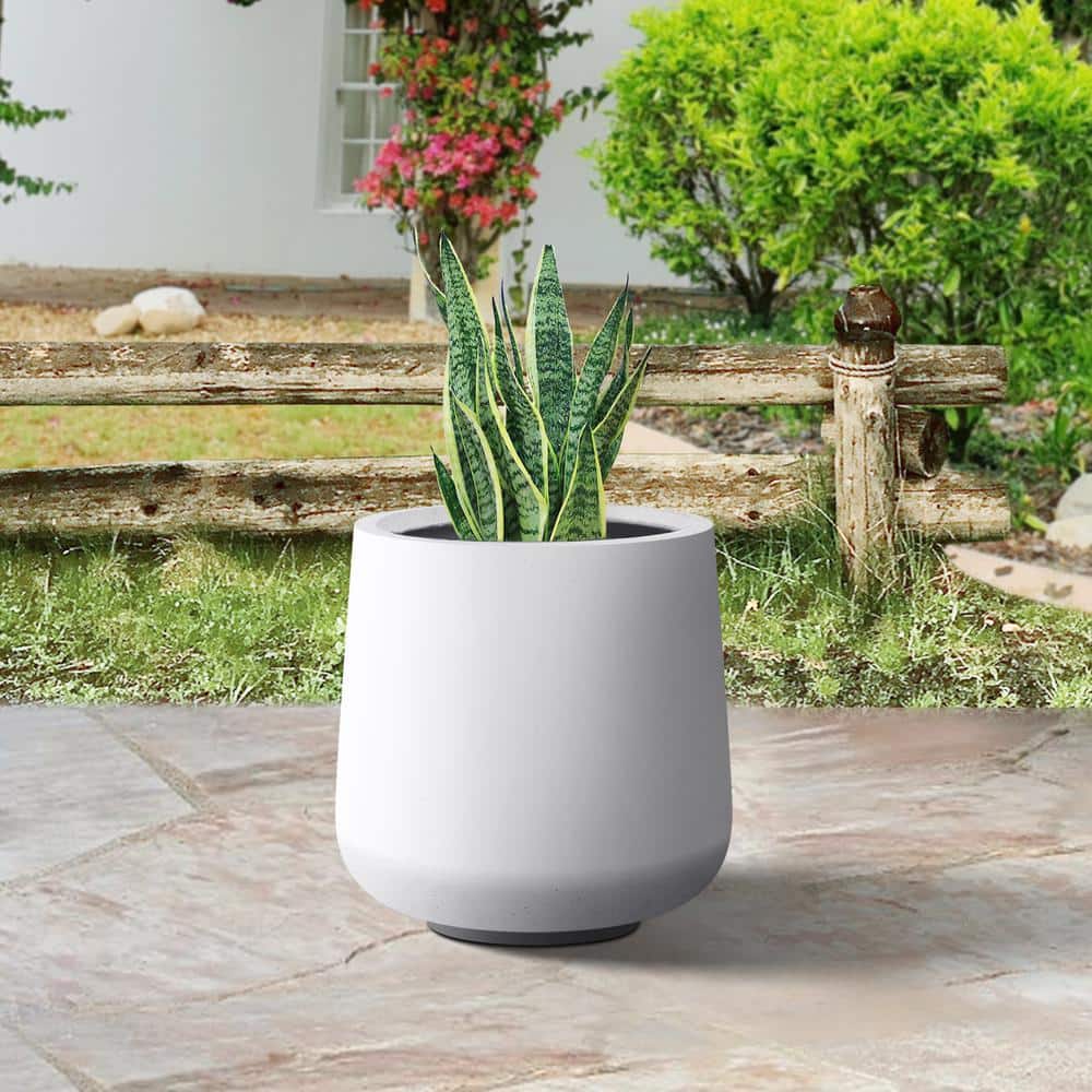 17 in. H Round Solid White Concrete Planter, Outdoor Modern Planter Pot, Flower Pot with Drainage Hole for Garden - Hercitys