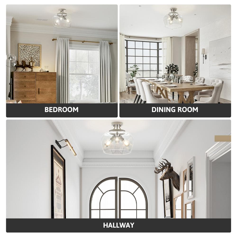 3-Light Blushed Nickel Semi Flush Mount Ceiling Light with Glass Shade - Hercitys