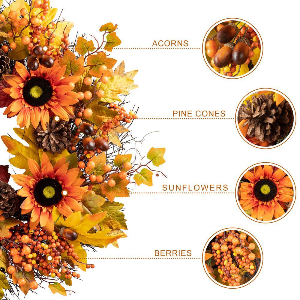 24 in. D Unlit Fall Sunflower, Maple Leaf and Berry Wreath - Hercitys