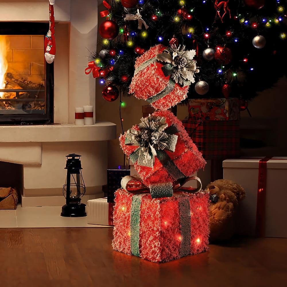 31.89 in. H Red Frosted Gift Boxes with Battery Operated Christmas Lights - Hercitys