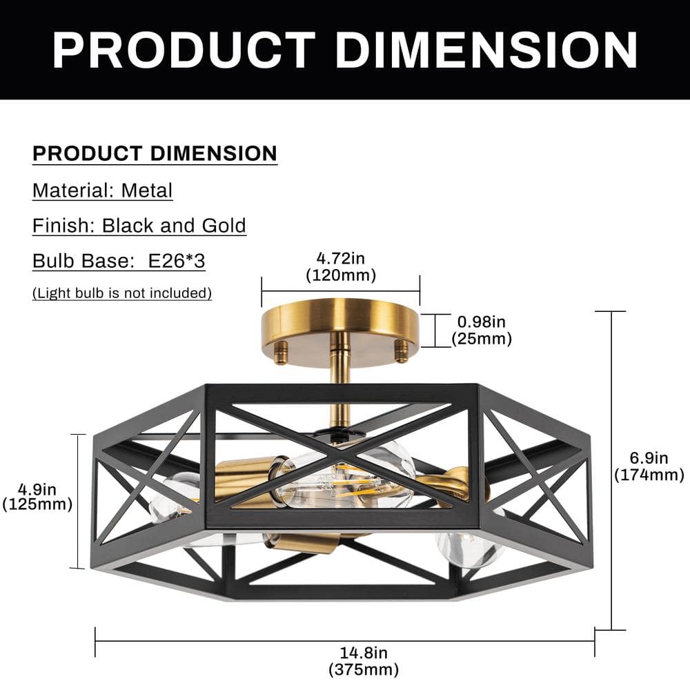 15 in. 3-Light Black Gold Flush Mount Modern Ceiling Light, Hallway Light Fixtures Ceiling Mount - Hercitys