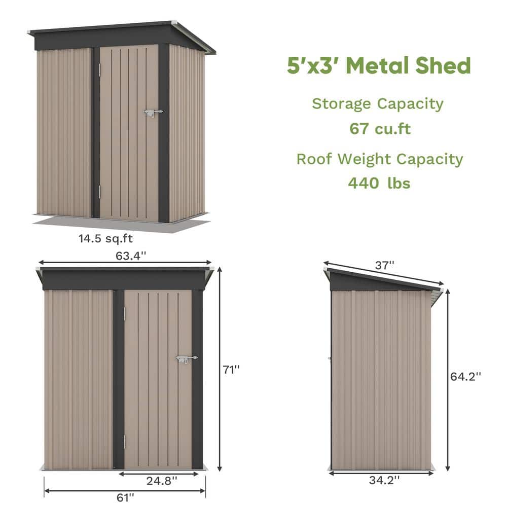 5 ft. W x 3 ft. D Outdoor Storage Brown Metal Shed with Sloping Roof and Lockable Door (14.5 sq. ft.) - Hercitys