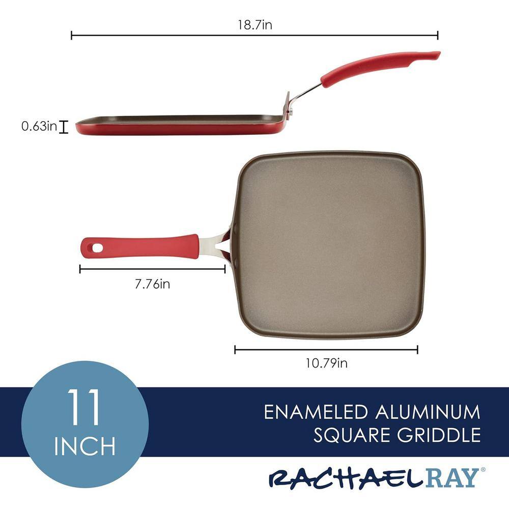 11 in. Enameled Aluminum Triple Layer Non-Stick Gas Electric Stovetop Compatible Easy to Clean Square Grill Pan in Red - Hercitys