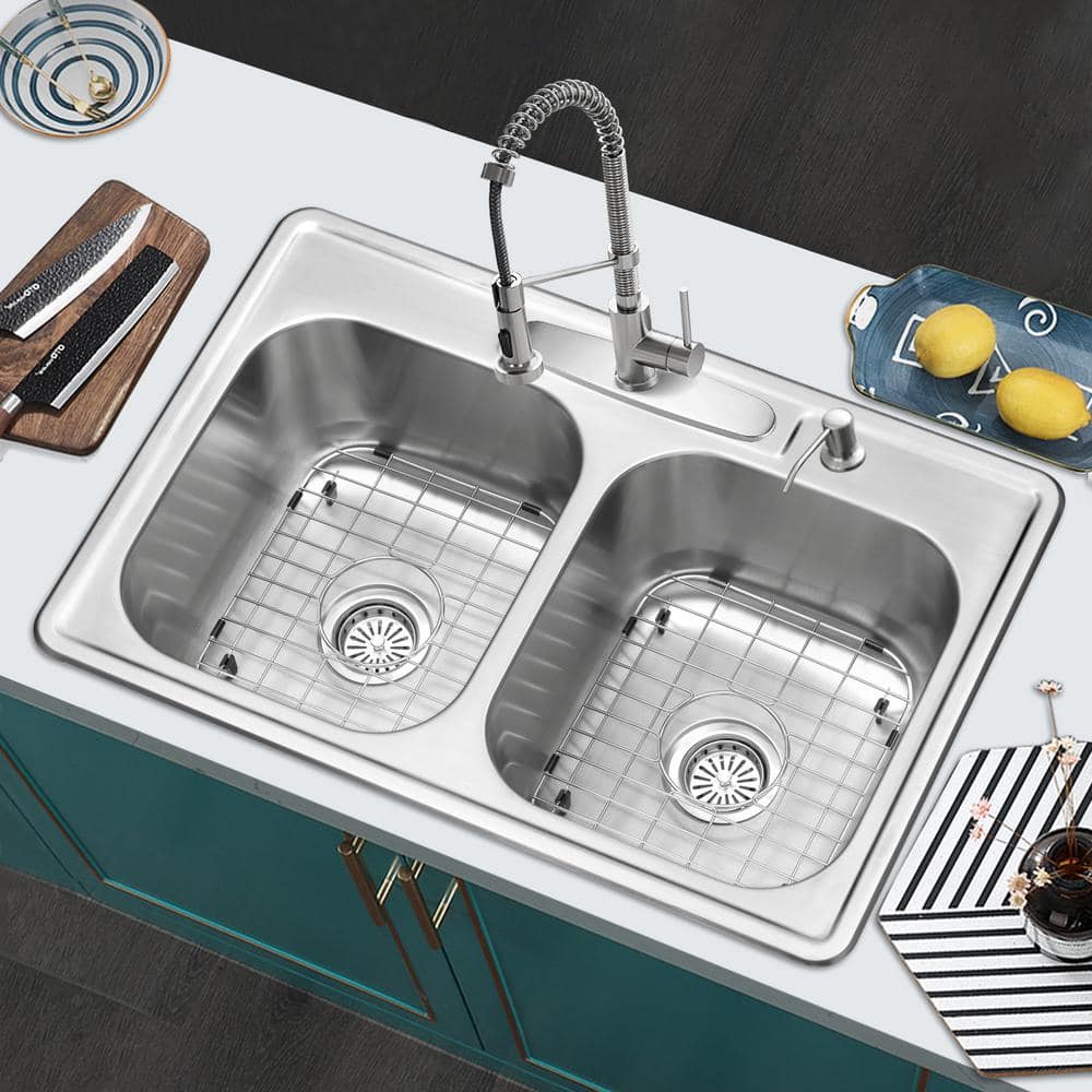 18-Gauge Stainless Steel 33 in. Double Bowl Drop-In Kitchen Sink with Bottom Grid - Hercitys