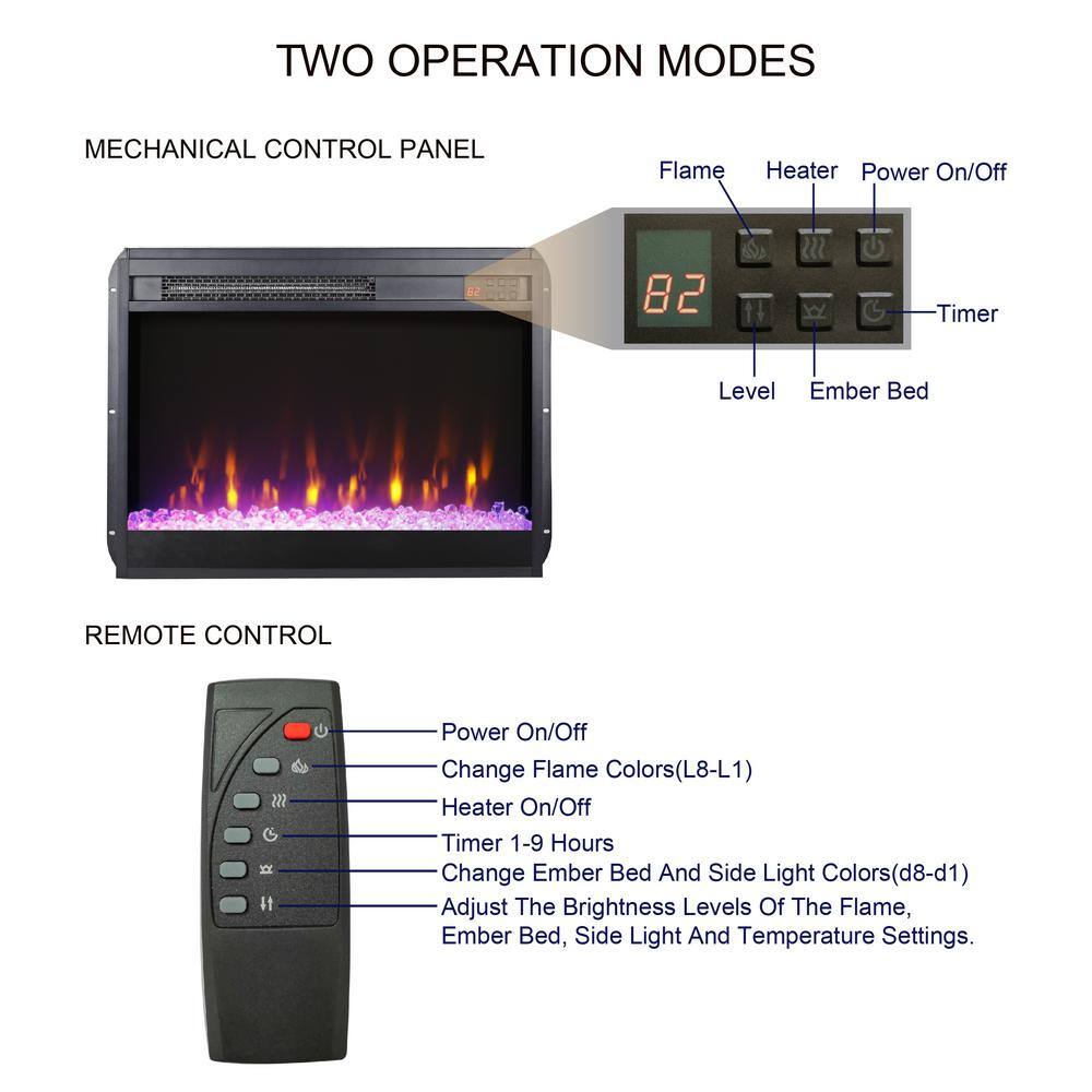 23 in. Wall Mount Electric Fireplace Insert in Black with Tempered Glass, Remote Control, Timer - Hercitys