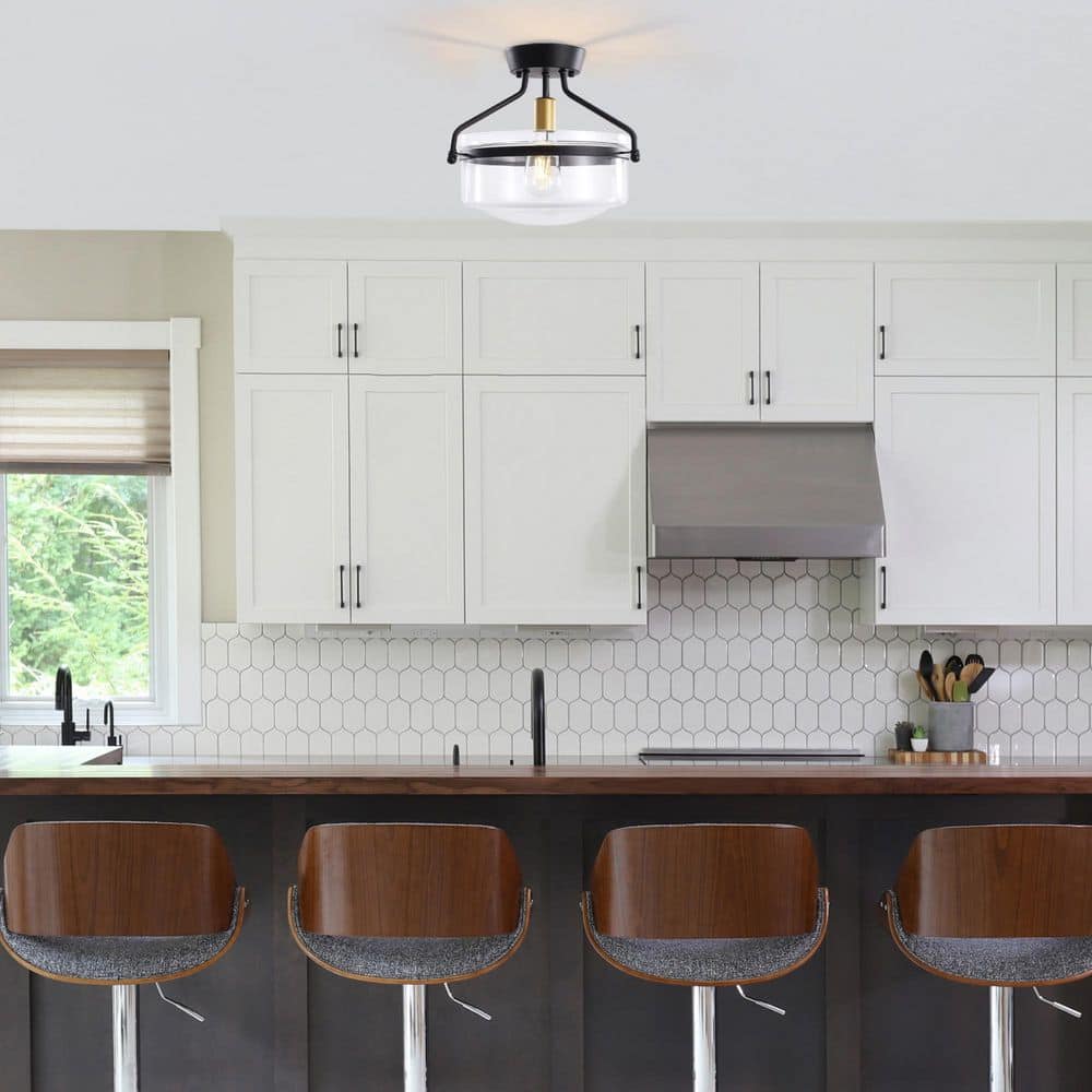 13.3 in. 1-Light Black Modern Semi-Flush Mount Ceiling Light with Glass Shade - Hercitys