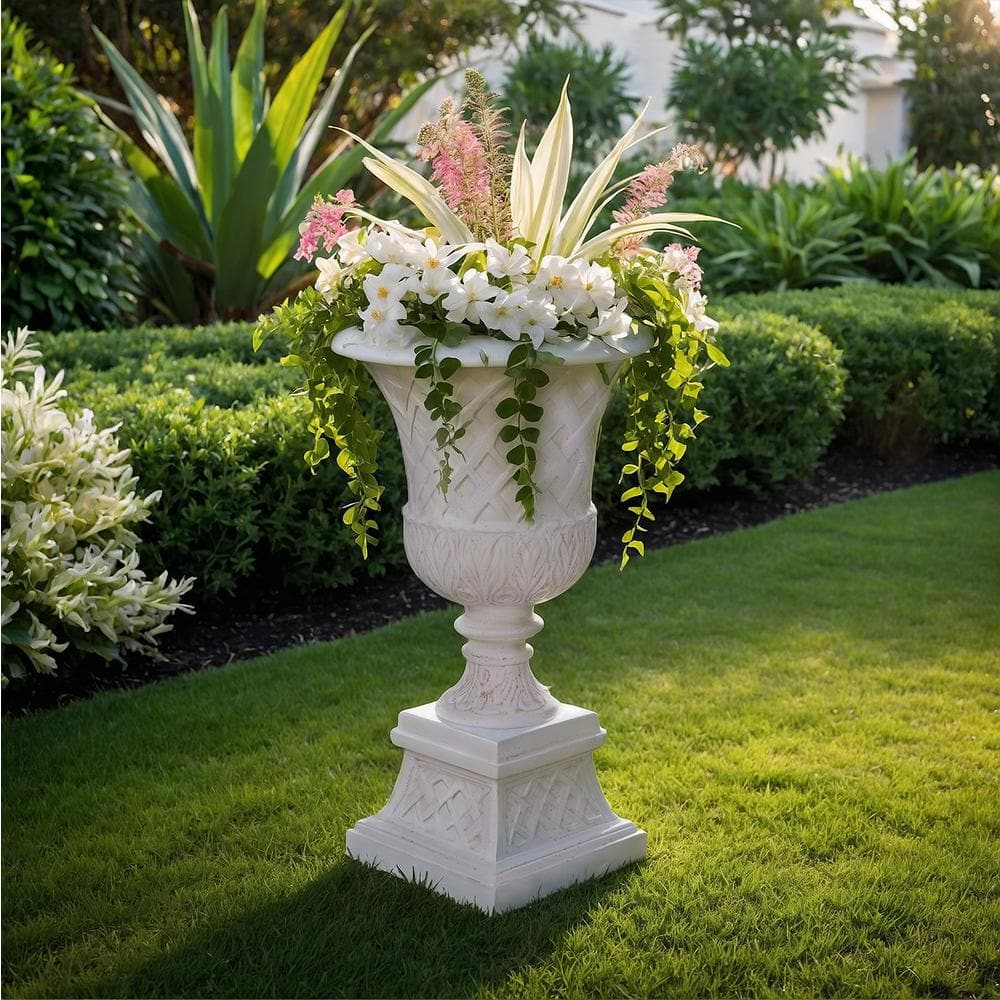 26.5 in. H. Light Aged White Cast Stone Fiberglass Lattice Urn and Pedestal - Hercitys