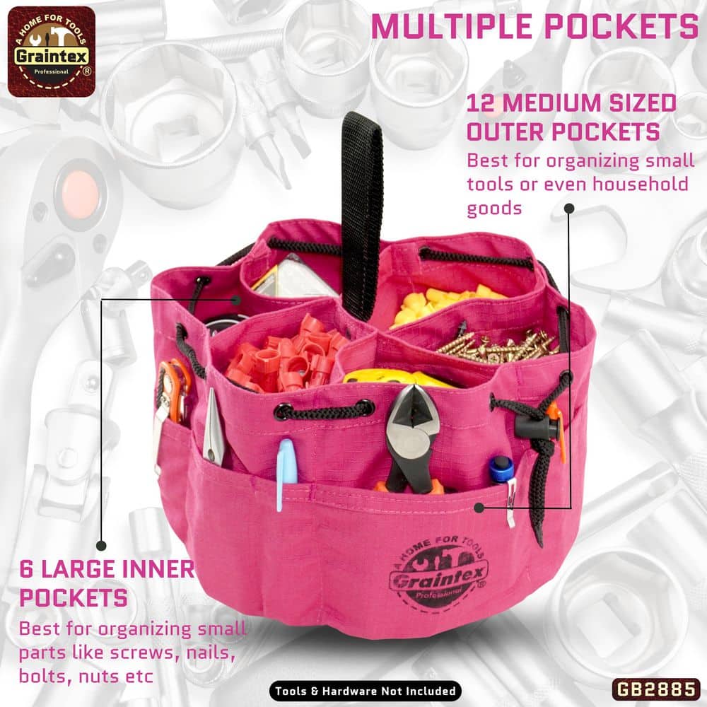 10 in. 18-Pocket Grab Tool Bag with Drawstring Closure in Pink Canvas - Hercitys