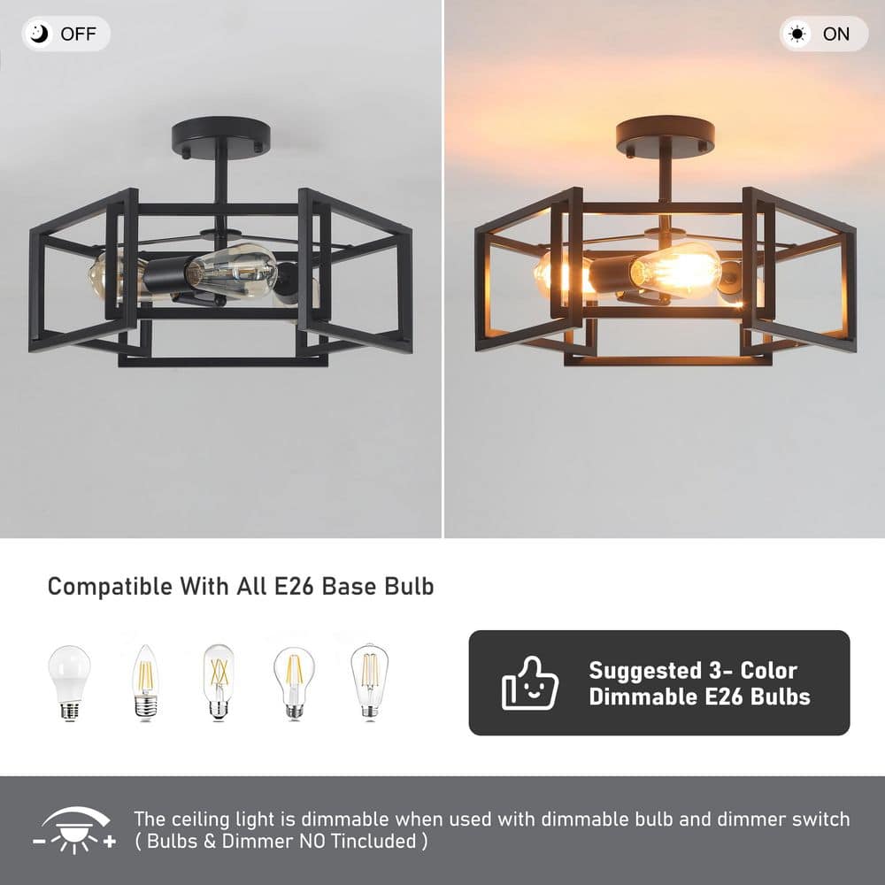 18.11 in. 3 Light Matte Black Modern Farmhouse Hexagon Semi-Flush Mount Ceiling Light - Hercitys