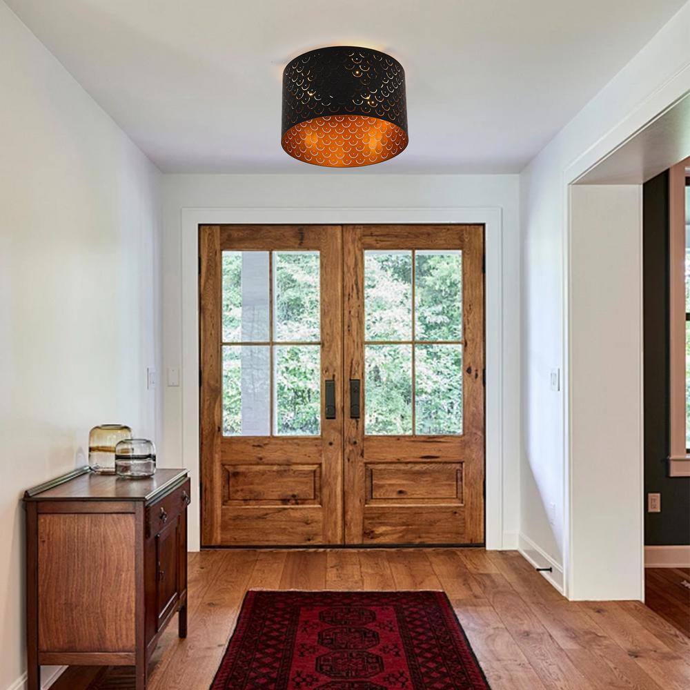 15 in. 3-Light Matte Black with Brass Inside Finish Industrial Drum Flush Mount Ceiling Light Fixture - Hercitys