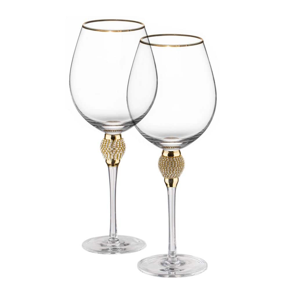 (Set of 2) Gold-Rimmed Red Wine Glasses with Diamond Rhinestone Accent 18 oz. 10 in. Tall - Hercitys
