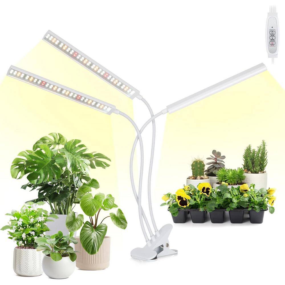 2.20 ft. 24-Watt Equivalent White Grow Light Full Spectrum Tri-Head 156 LED with Timer Gooseneck and Clamp, Bright White - Hercitys