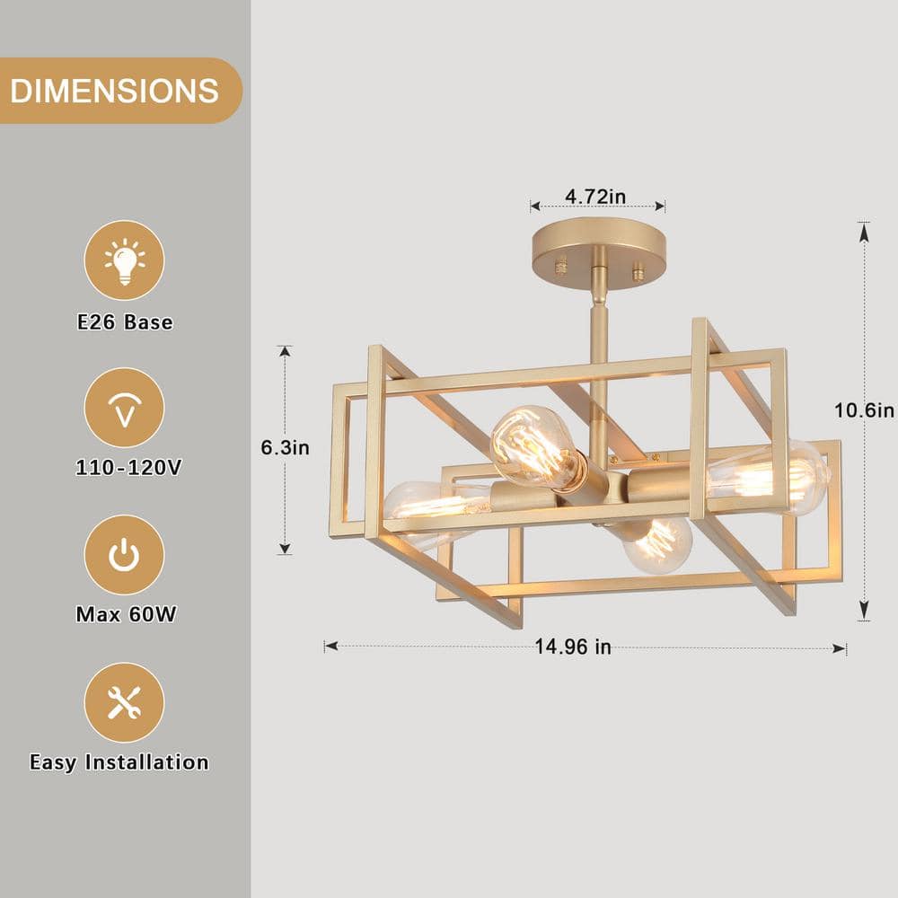 14.96 in. 4-Light Geometric Gold Modern Semi-Flush Mount Ceiling Light with No Bulbs Included - Hercitys