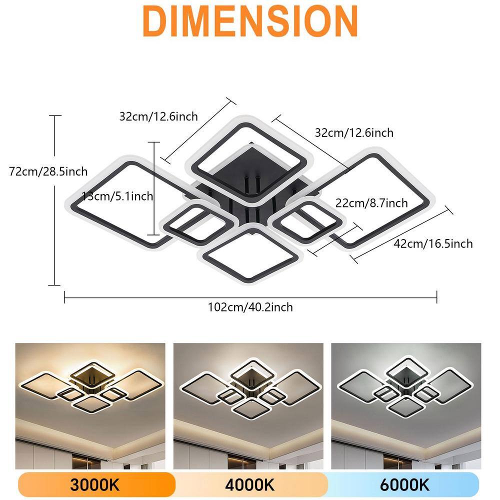 40.2 in. 7-Light Black and White Modern Geometric Selectable LED Semi-Flush Mount Ceiling Light with Remote - Hercitys