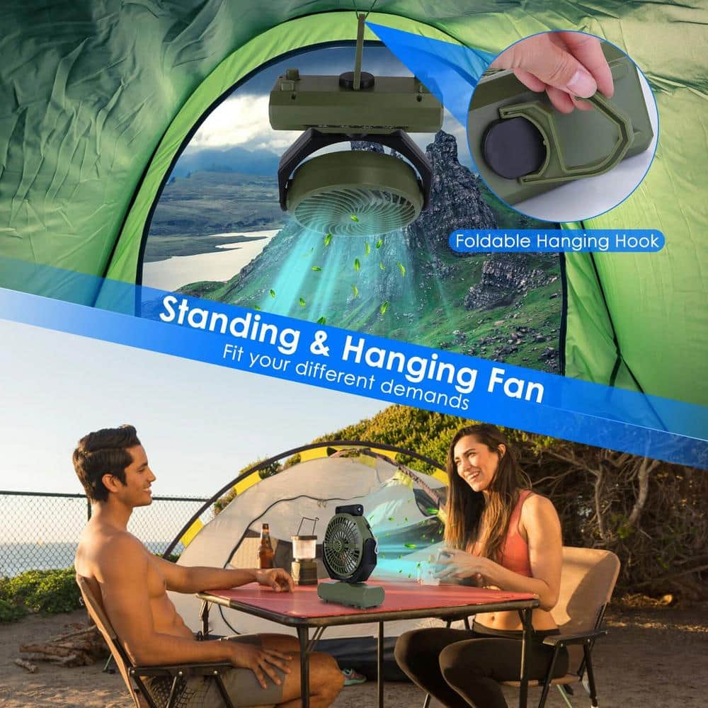 20000mAh 7 in. 4 Fan Speeds Desk Fan in Green with Flashlight Hanging Hook, Remote Control, Power Bank and Timer Speed - Hercitys