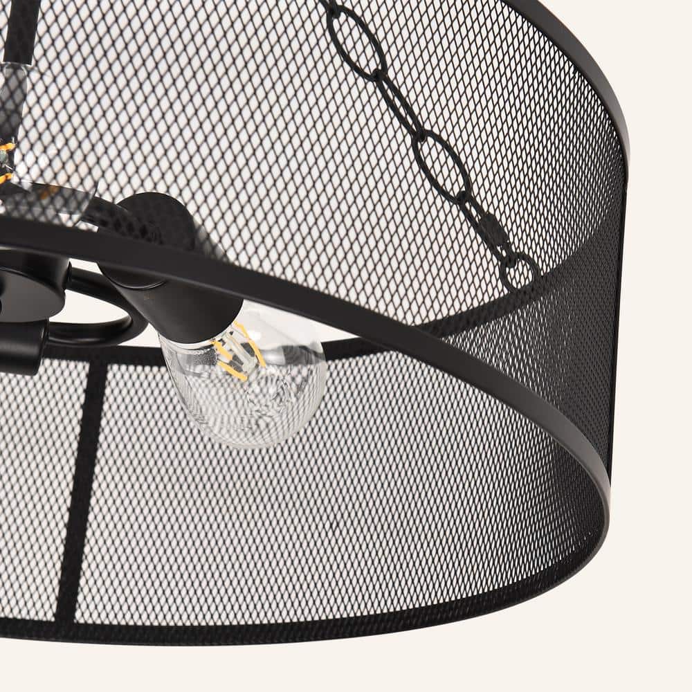 19.7 in. 3-Light Matte Black Drum Farmhouse Semi-Flush Mount with Metal Mesh Cage Shade - Hercitys