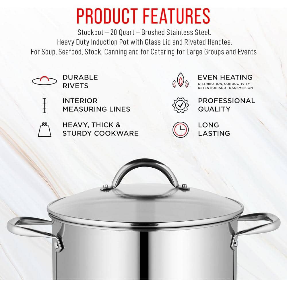 20 qt. Non-Toxic and Non-Allergic Stainless Steel Stock Pot with Tempered Glass See-Through Lid and Extra-Large Handles - Hercitys