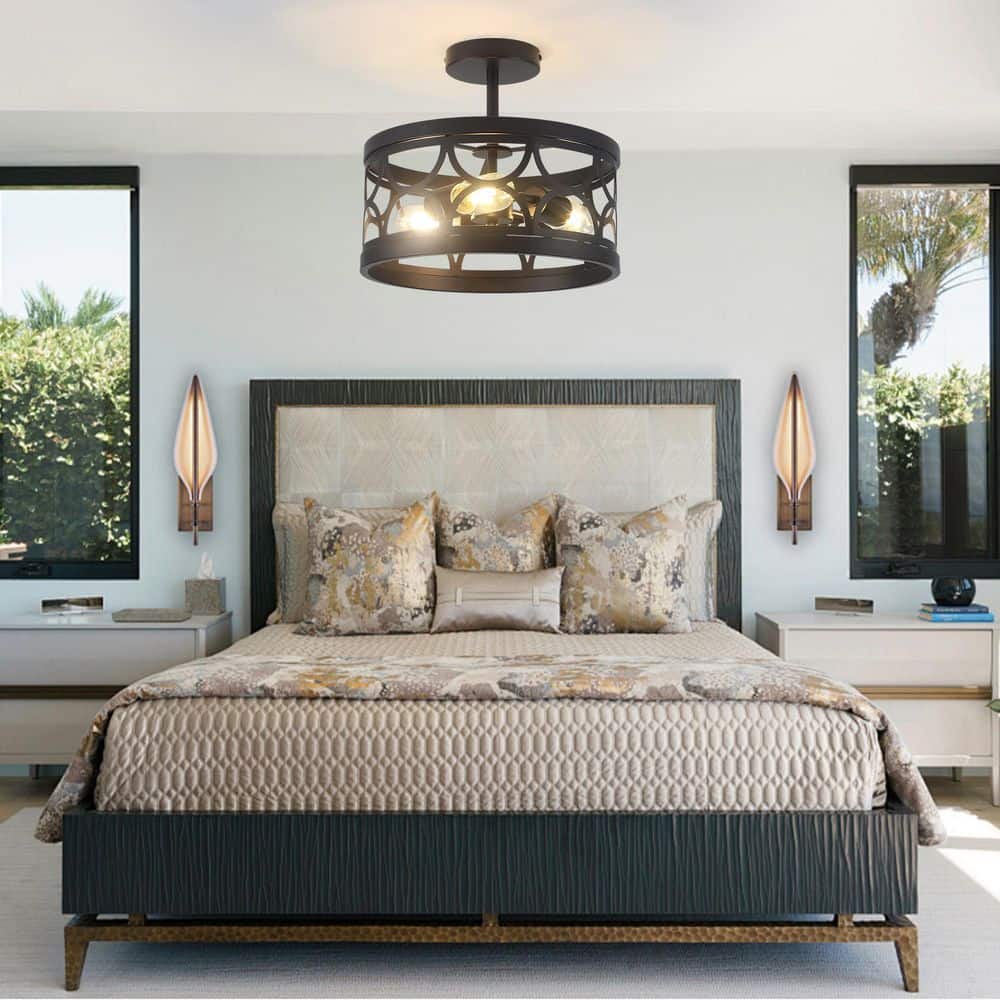 12.6 in. 3-Light Matte Black Round Drum Semi-Flush Mount with Cut-out Metal and No Bulbs Included - Hercitys