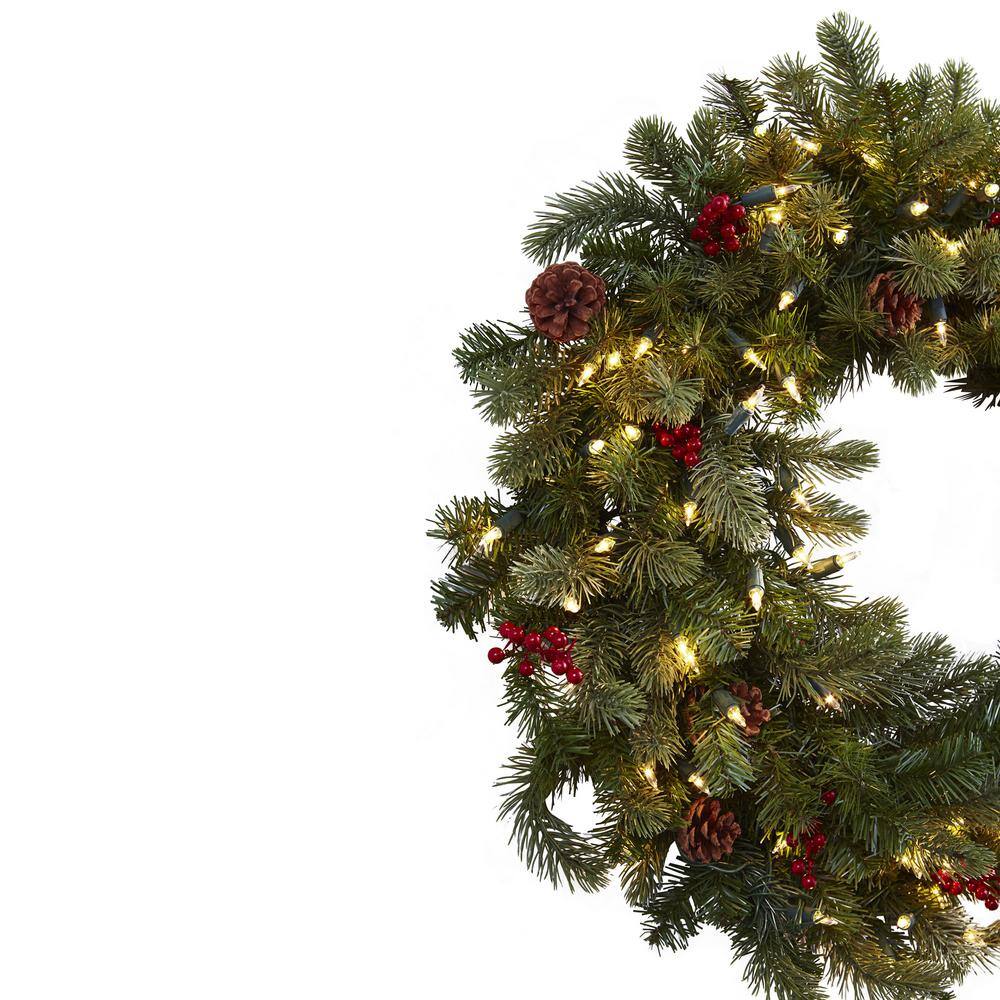 30 in. Lighted Pine Artificial Wreath with Berries and Pine Cones - Hercitys