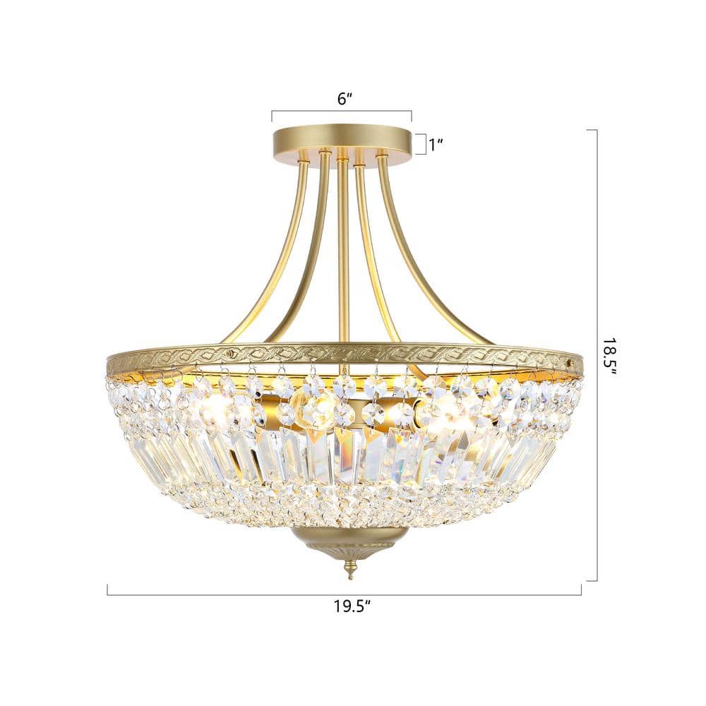 5-Light 19.5 in. Crystal Ceiling Light Fixture, Brass Semi Flush Mount Chandelier - Hercitys