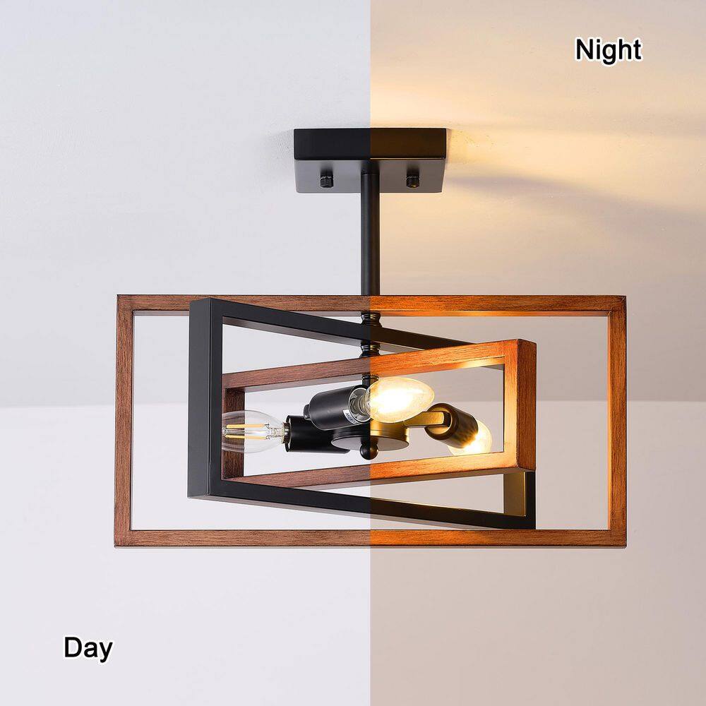15.8 in.  3-Light Black and Imitation Wood Grain Farmhouse Rectangle Semi Flush Mount Ceiling Light Bulb Not Included - Hercitys