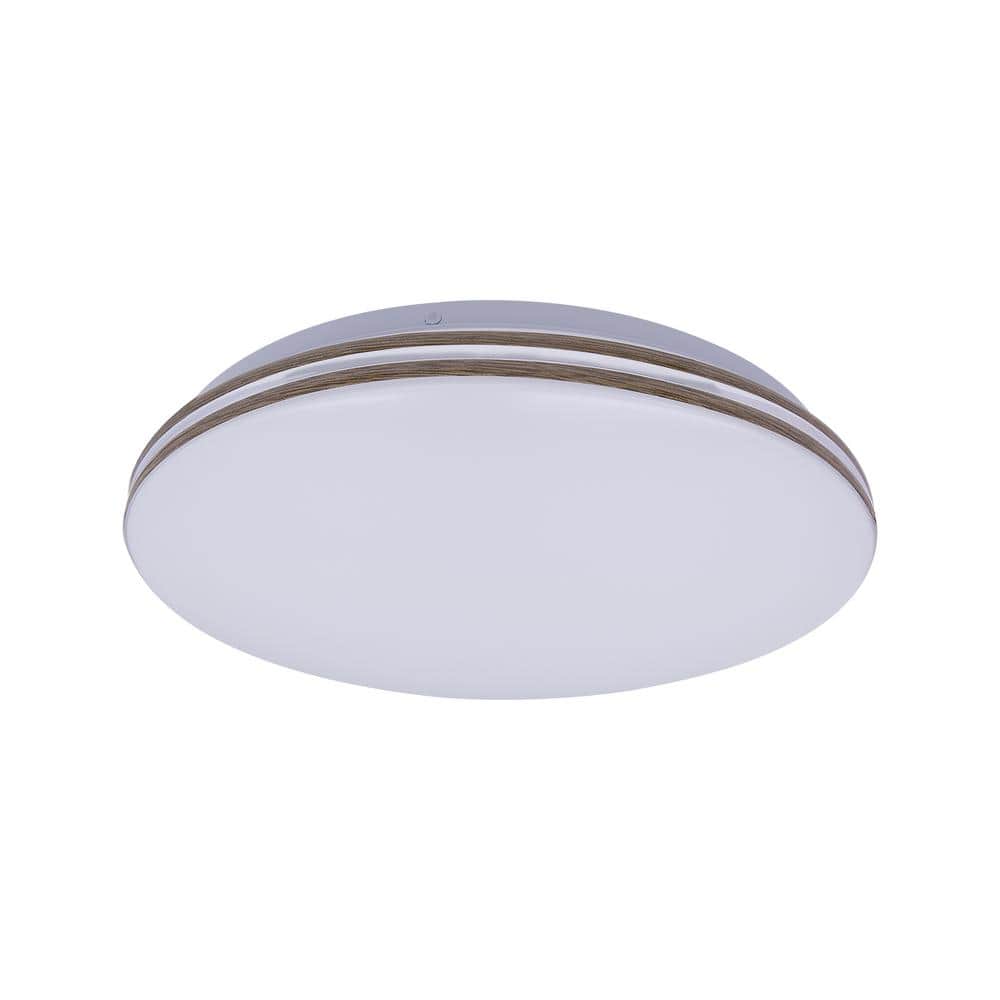 11.5 in. Round White with Faux Wood-Grain Trim Adjustable CCT 3000K/4000K/5000K Dimmable Flush Mount Light Fixture - Hercitys