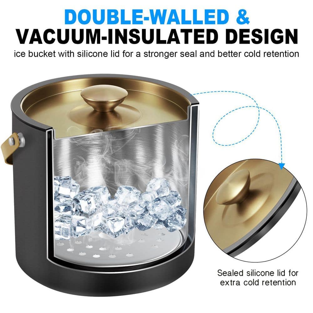 3.38 qt. Black Stainless Steel Insulated Ice Bucket with Silicone Lid, Scoop and Strainer for Parties - Hercitys