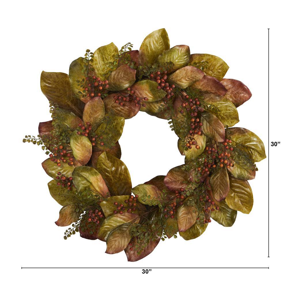 30 in. Fall Magnolia Leaf and Berries Artificial Wreath - Hercitys