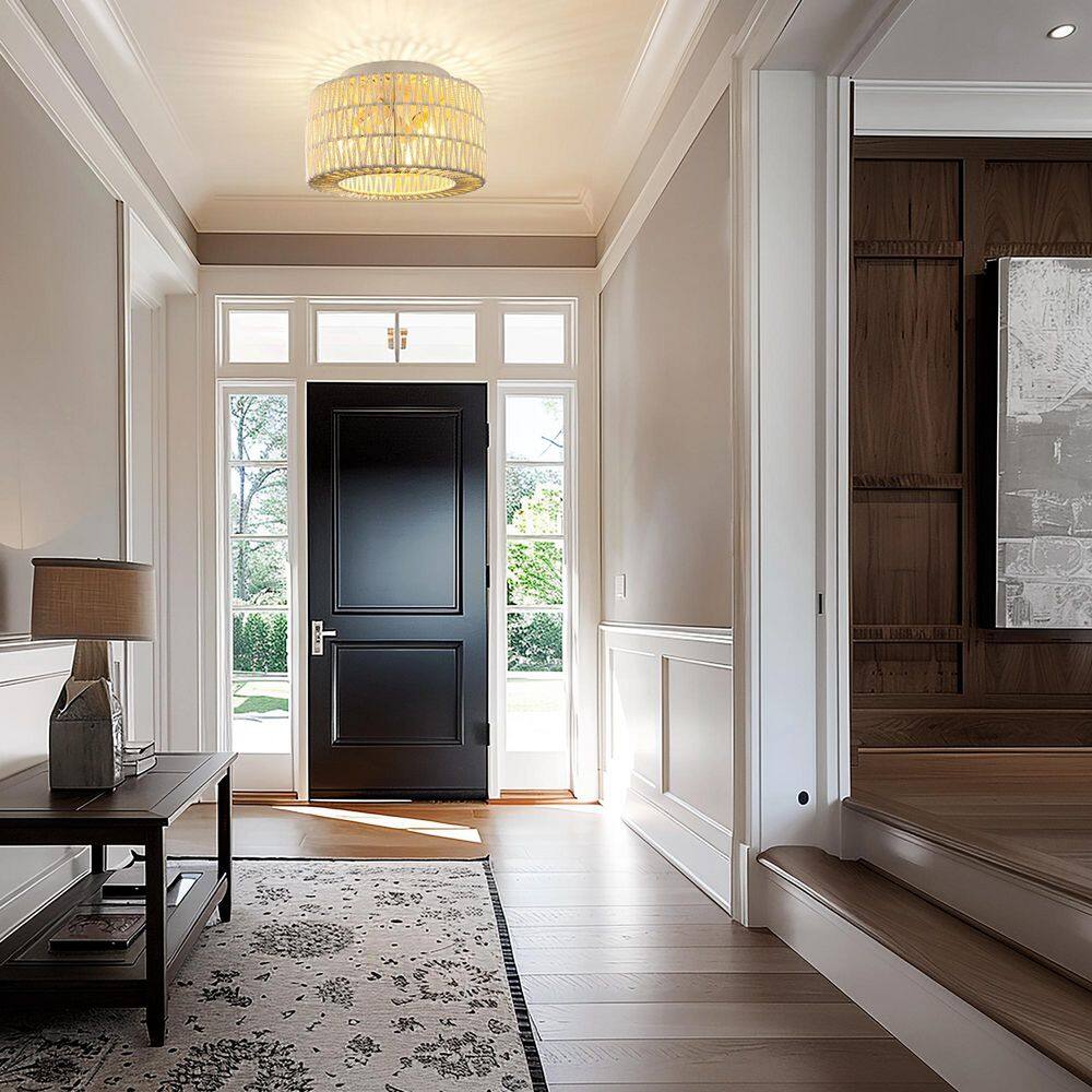 11.8 in. 3-Light White Semi Flush Mount Ceiling Light with Hand-Woven Cage Shade E26 Base (Bulbs Not Included) - Hercitys