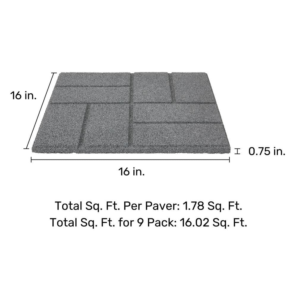 16 in. x 16 in. x ¾ in. Black/Gray Blended Dual-Sided Rubber Paver (9-Pack) - Hercitys