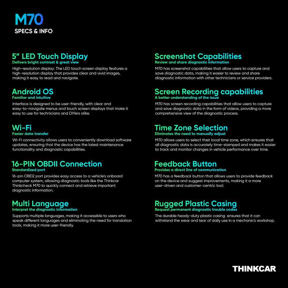 5 in. OBD2 Scanner Car Code Reader Vehicle Diagnostic Tool Thinkcheck M70 - Hercitys