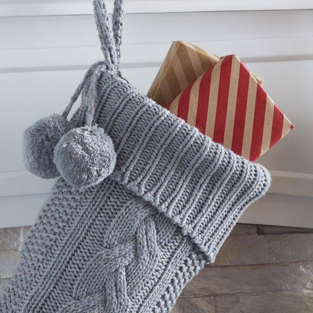 19 in. Gray/White Knitted Cotton Nutmeg Christmas Stocking with Pom Pom Tassels (2-Pack) - Hercitys