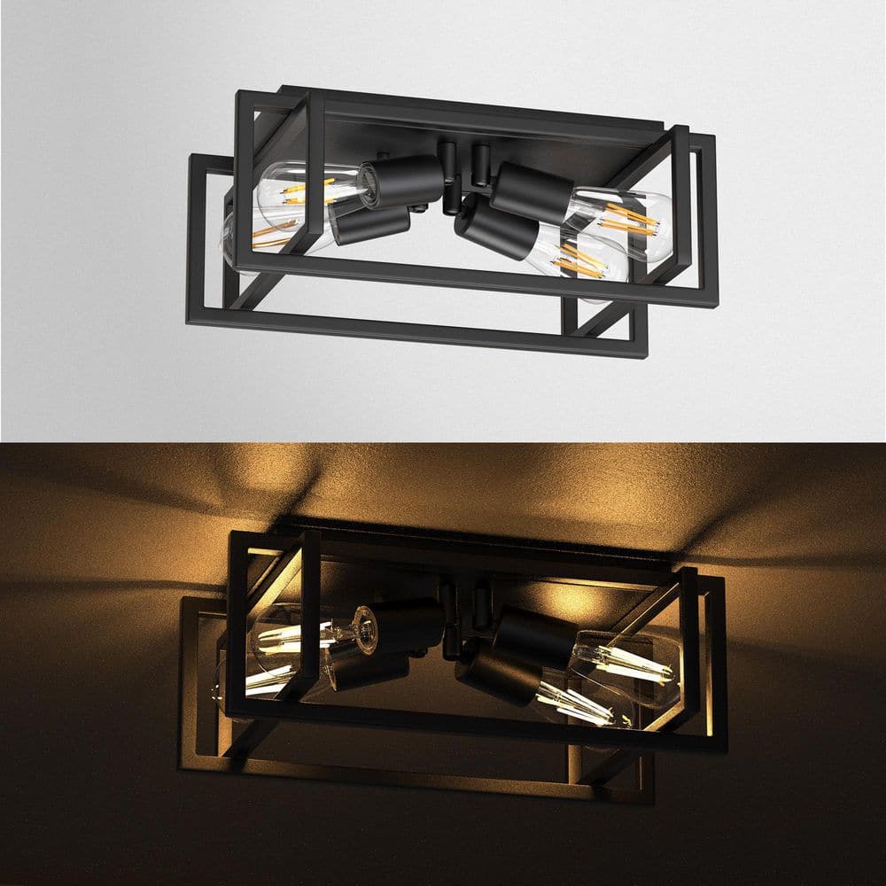 16.5 in. Industrial 4-Light Flush Mount Ceiling Light Fixture, Black Metal Frame with E26 Base No Bulbs Included - Hercitys