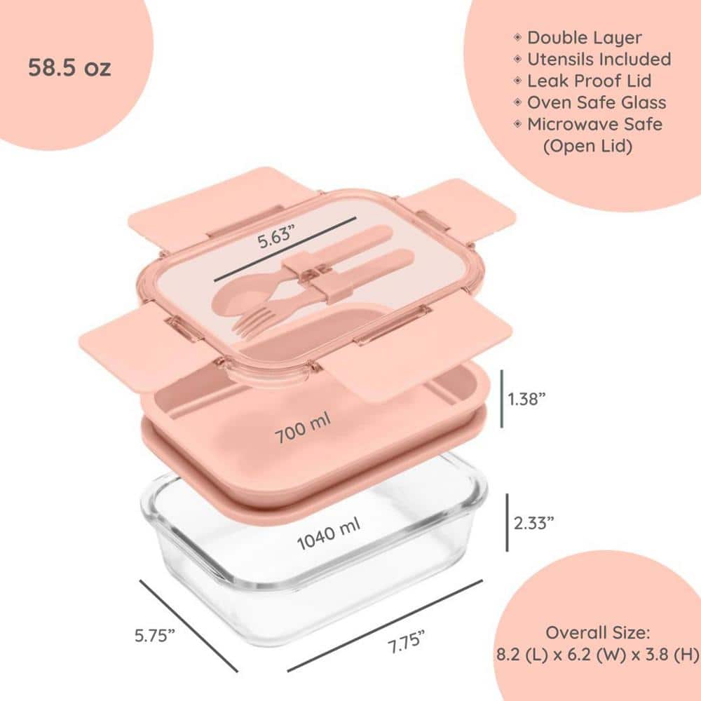 58.5 oz. Premium 4-In-1 Double-Layer Glass Bento Lunch Box with Utensils in Pink (1-Pack) - Hercitys