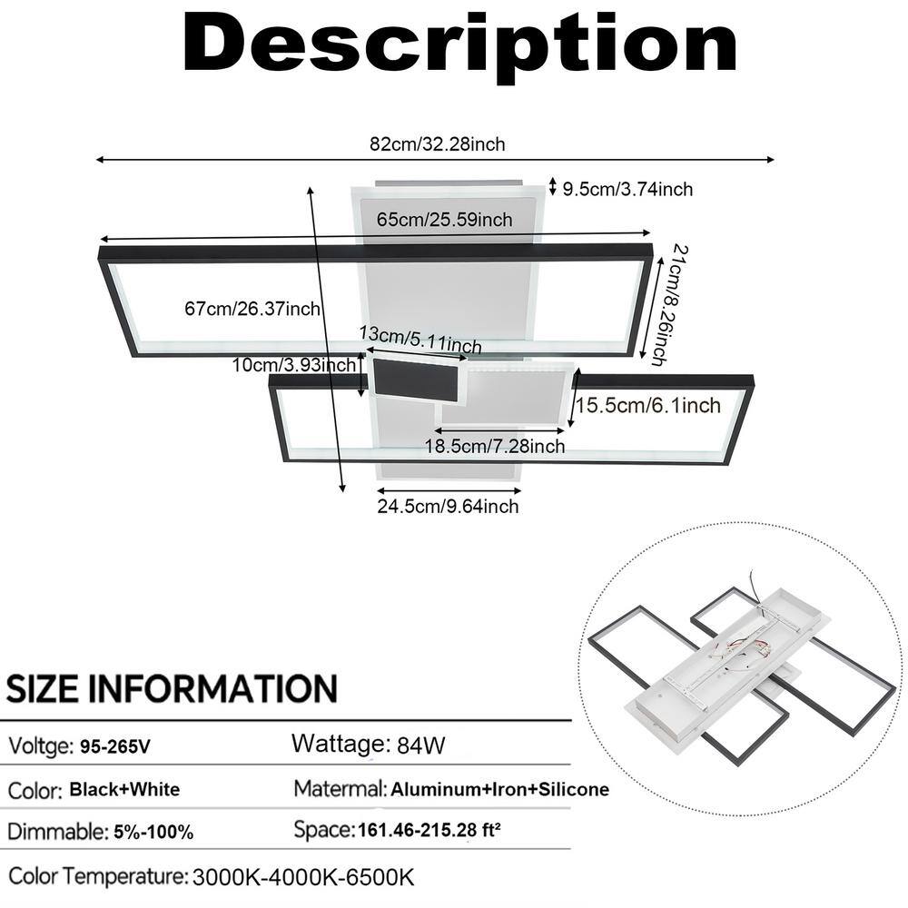 32.28 in. 5-Light Black and White Modern Rectangular Selectable LED Semi-Flush Mount Ceiling Light with Remote - Hercitys