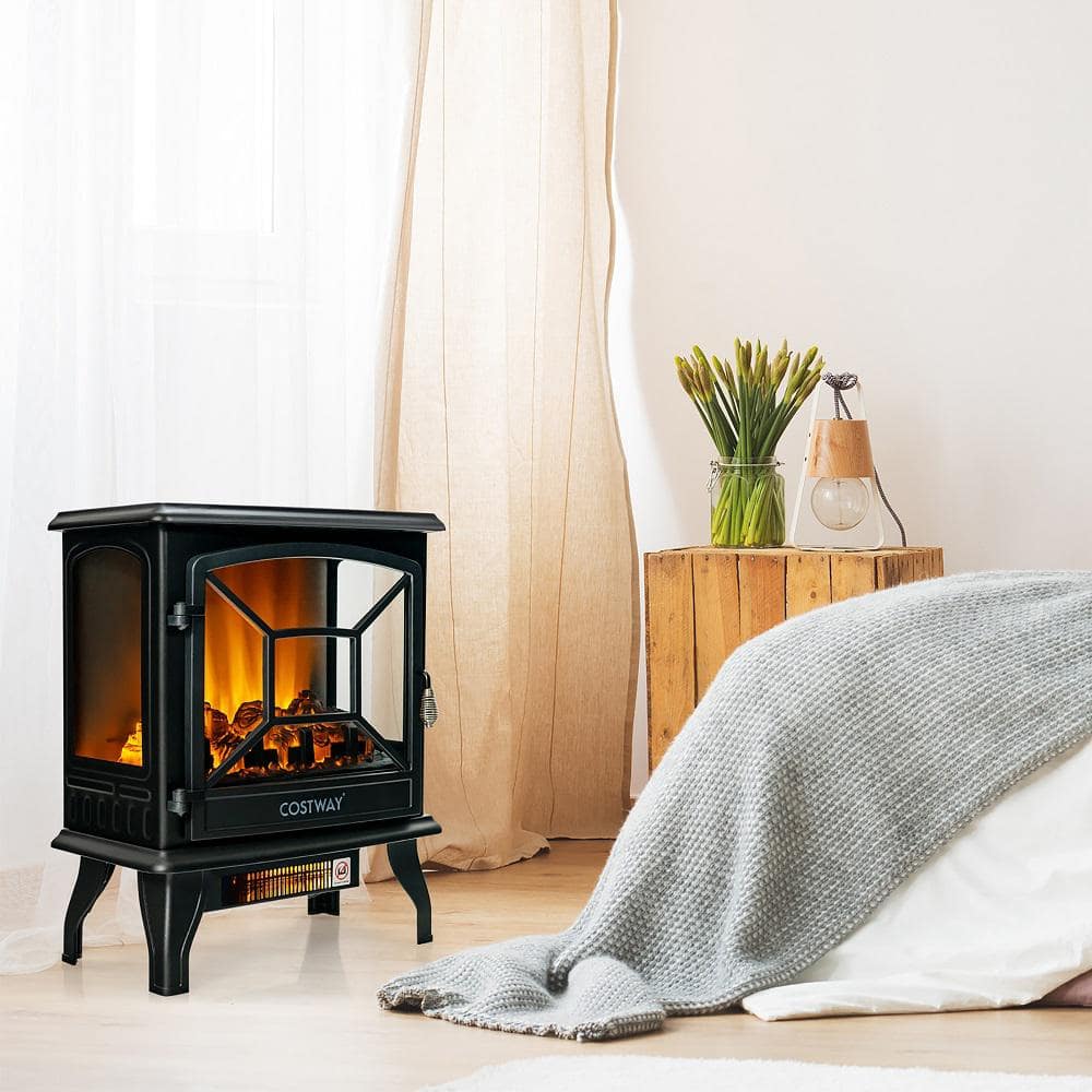 20 in. 1400-Watt Freestanding Electric Fireplace Heater Stove W/Realistic Flame Effect in Black - Hercitys