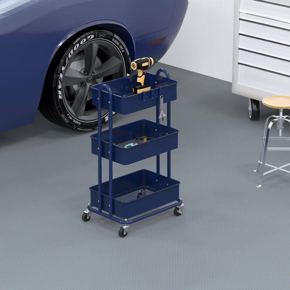 3-Tier Metal -Wheeled Utility Cart in Navy - Hercitys