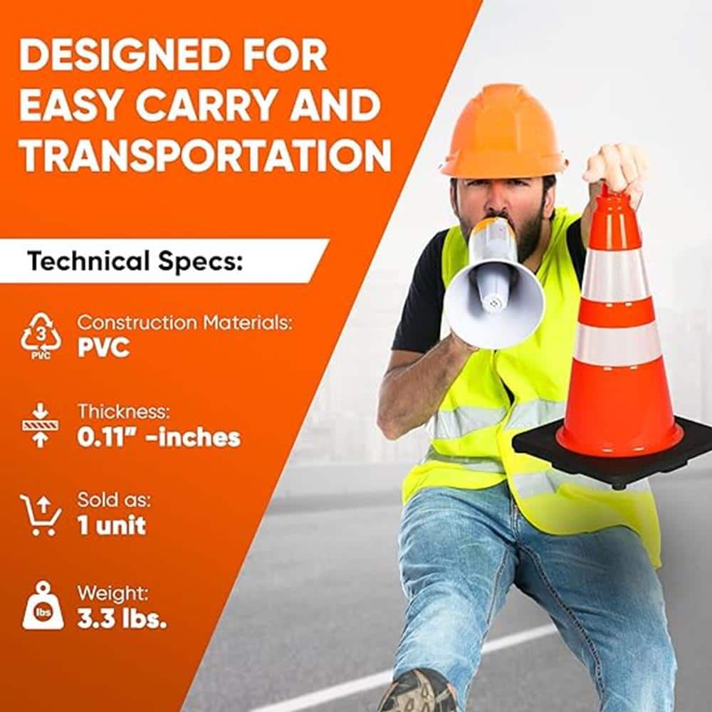 18 in. PVC Cone – 6-Pieces High Visibility Structurally Stable for Traffic, Parking, and Construction Safety (Orange) - Hercitys