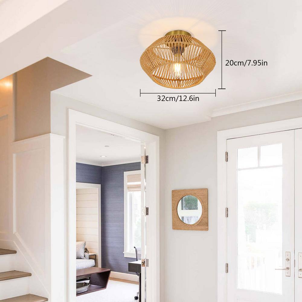 12.6 in. 1-Light Gold Retro Hand Woven Paper String Semi-Flush Mount Ceiling Light - Hercitys
