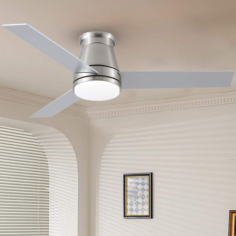 48 in. Integrated LED Indoor Silver Flush Mount Ceiling Fan Lighting with 3 Plywood Blades for Mediu Room - Hercitys