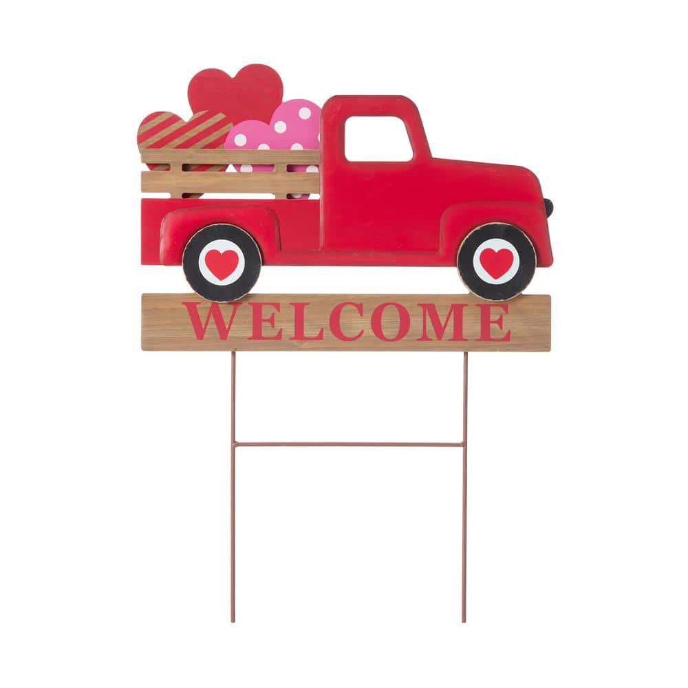 24 in. H Metal/Wooden Valentine’s Truck Yard Stake or Hanging Sign (KD, 2 Function) - Hercitys