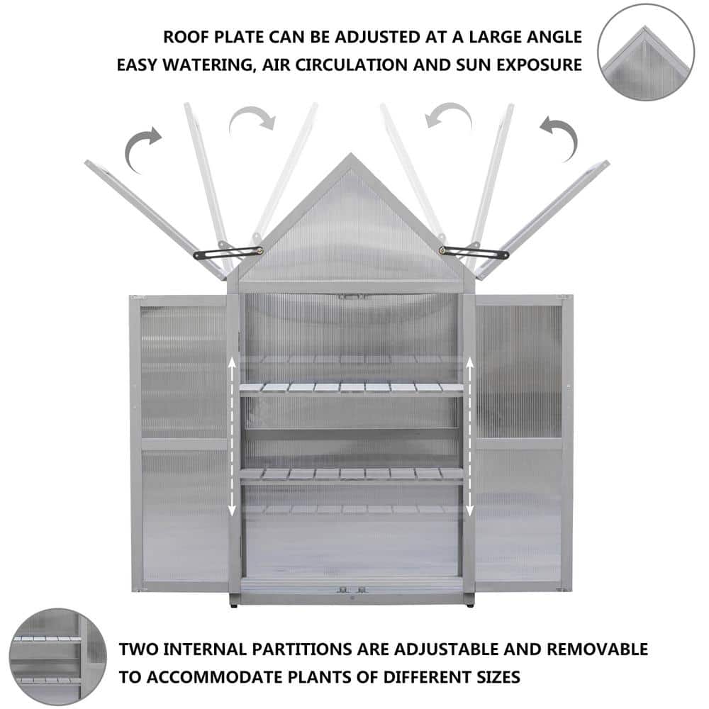 27.55 in. W x 16.14 in. D x 52.36 in. H Wood Gray Mini Greenhouse with Adjustable Roof Panels, Adjustable Shelf - Hercitys