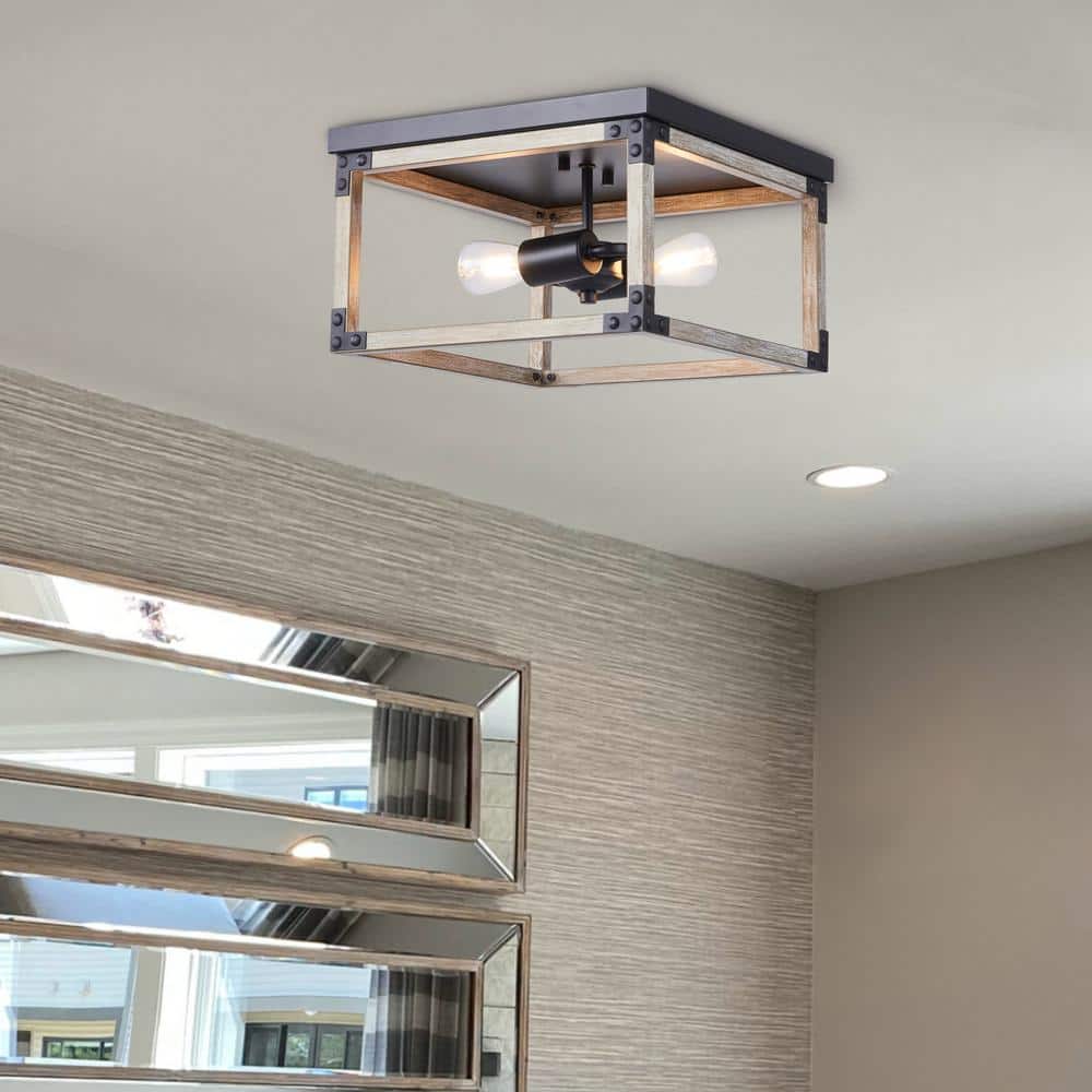 12 in. 2-Light Wood Grain Rustic Industrial Flush Mount - Hercitys