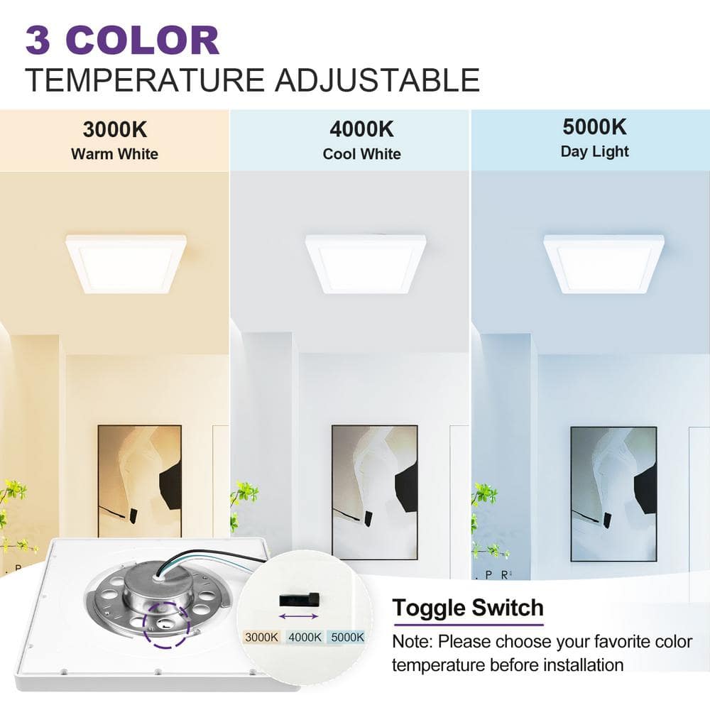 12 in. Square White New Ultra-Low Profile Integrated LED Flush Mount Ceiling Light 3CCT Selectable - Hercitys