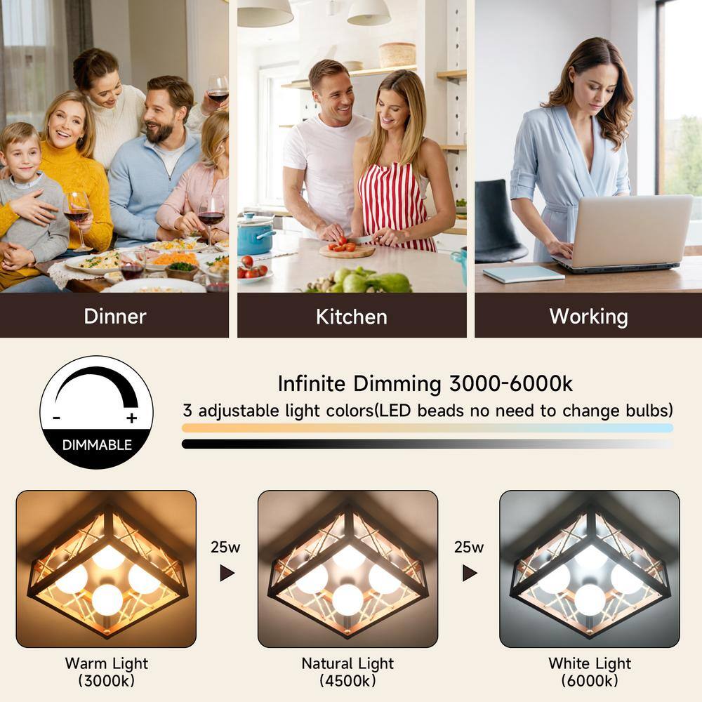 16 in. 25-Watt Farmhouse Rustic Square Wood Dimmable LED Flush Mount Ceiling Light with Acrylic Shatterproof Shade - Hercitys